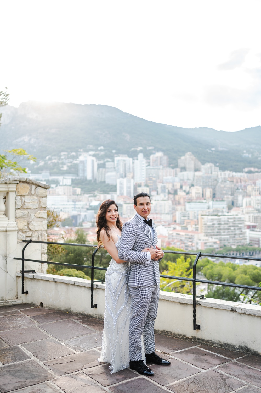 Monaco wedding couple in garden overlooking the Mediterranean sea